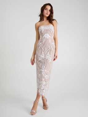 helsi catherine off white nude floral embroidered lace strapless maxi dress XS